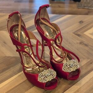 Badgley Mischka Red Satin Jeweled Peep Toe Strappy Heels 7.5